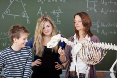 Teacher Explaining Dinosaur Skeleton - info photo